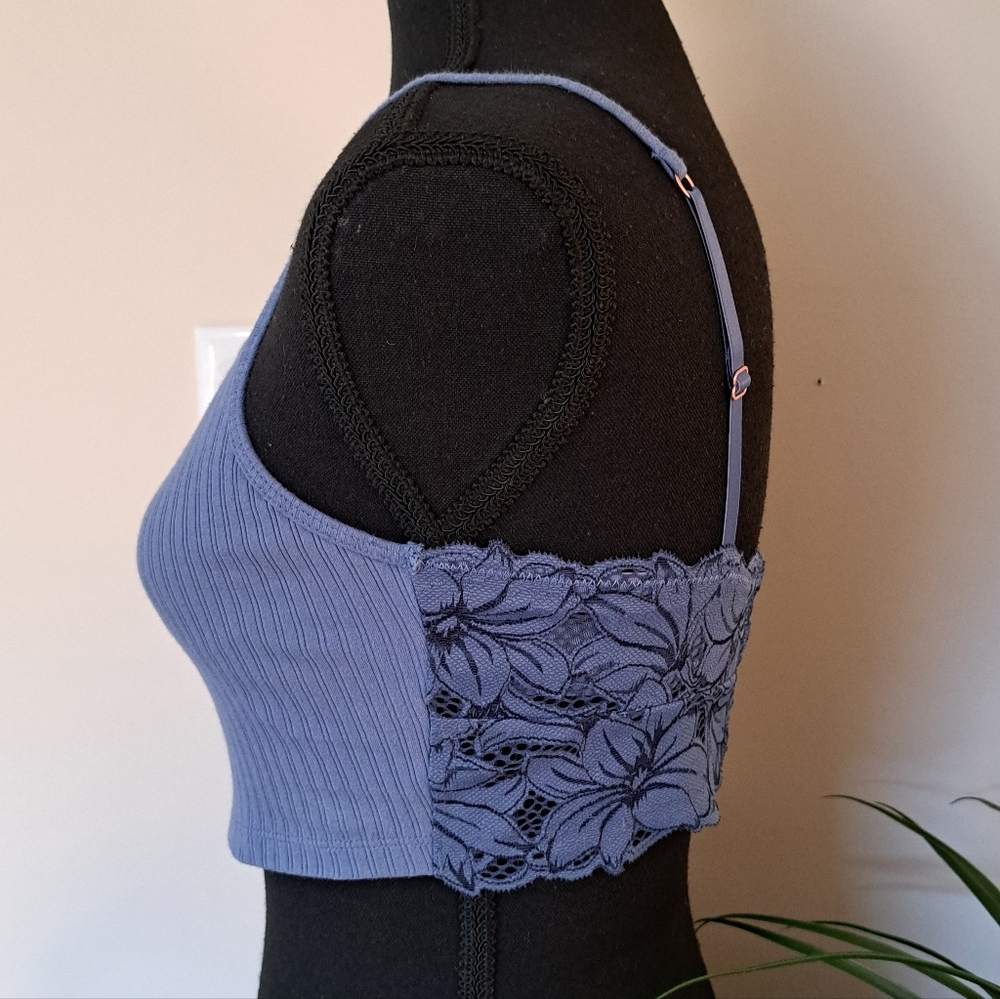 Aerie Beach Daze Lace Ribbed Bra Top Size Small Blue Cropped Lounge Casual - Picture 5 of 15